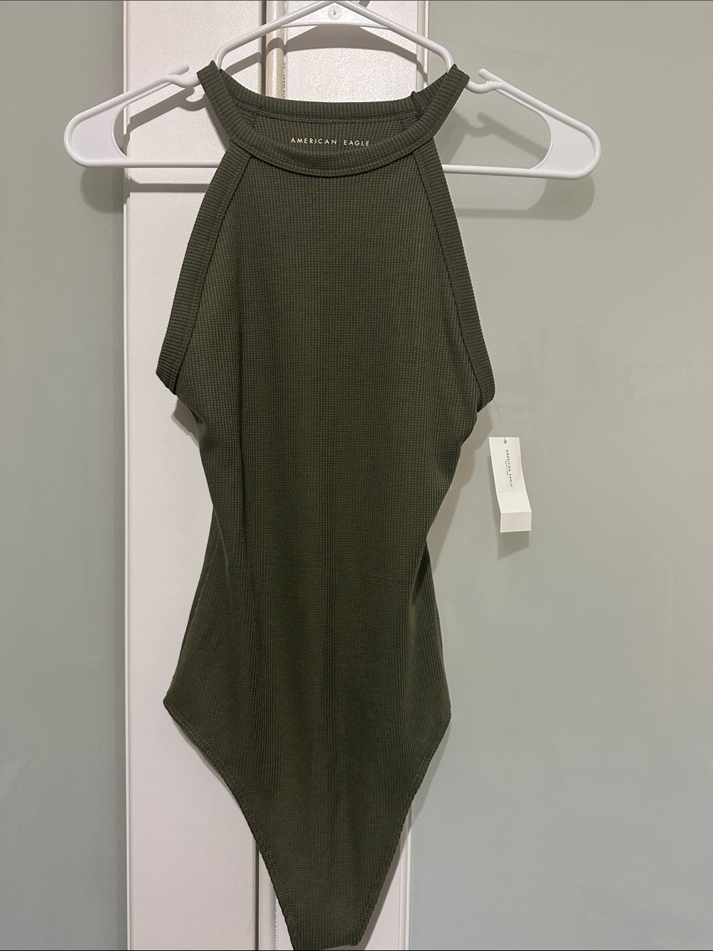 American Eagle Outfitters Dark Olive Ribbed Halter Bodysuit